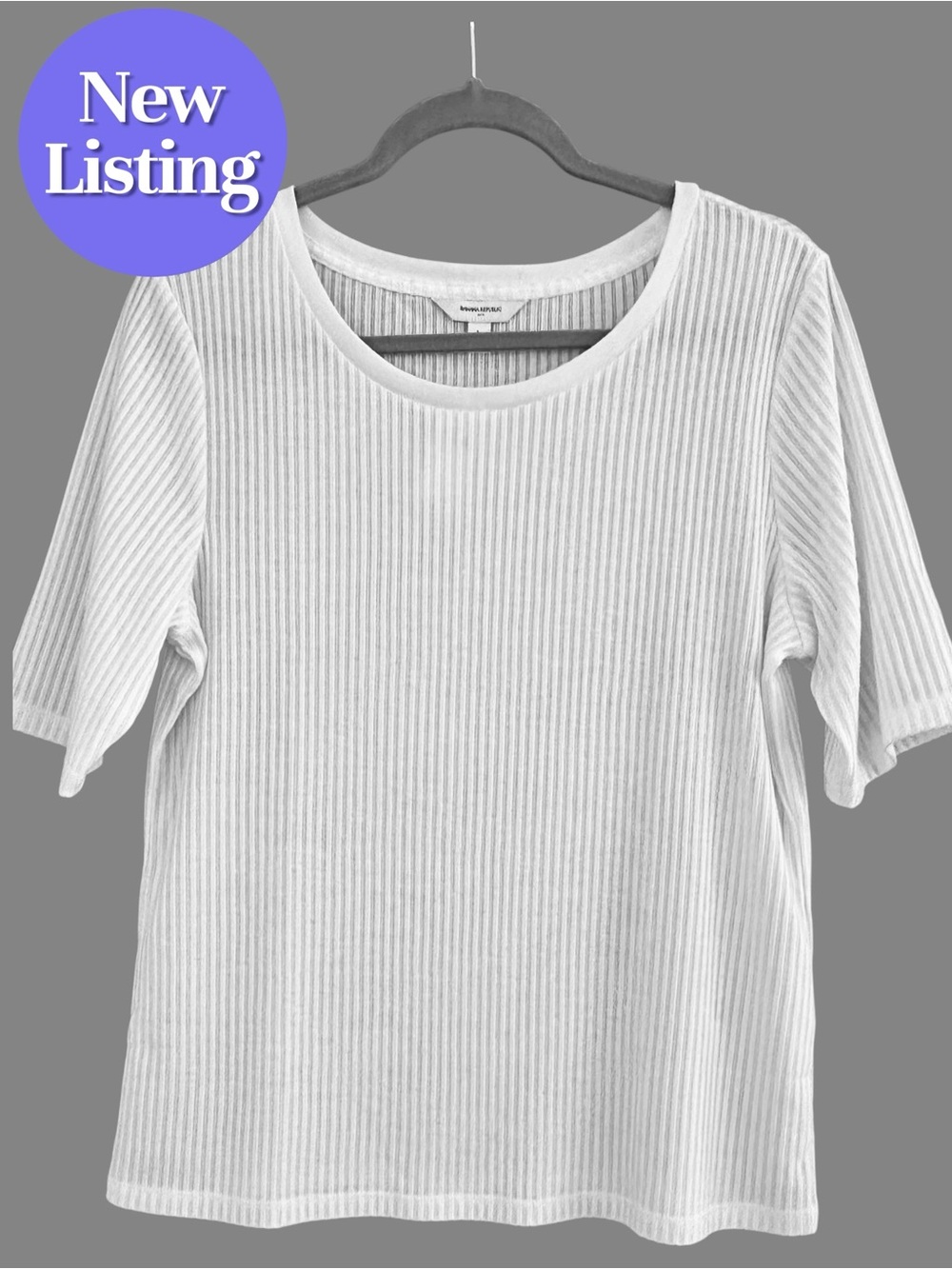 🆕 Banana Republic Factory Ribbed Elbow Sleeve Top / Tee.  White. Size Large. NWT